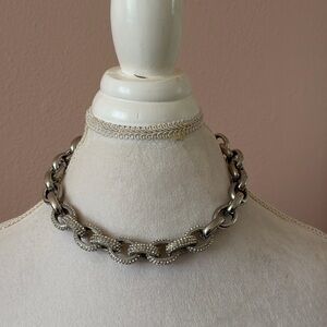 Chunky Silver-Tone Curb Link Necklace with Pave Crystal Accents